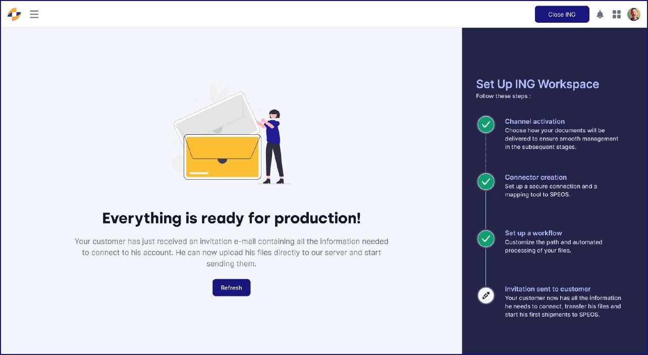 Écran d'onboarding : espace client prêt pour la production, étapes de configuration validées.