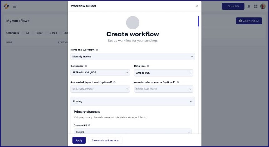 Écran de création d'un workflow : connecteur, transformation de données et canaux de distribution.
